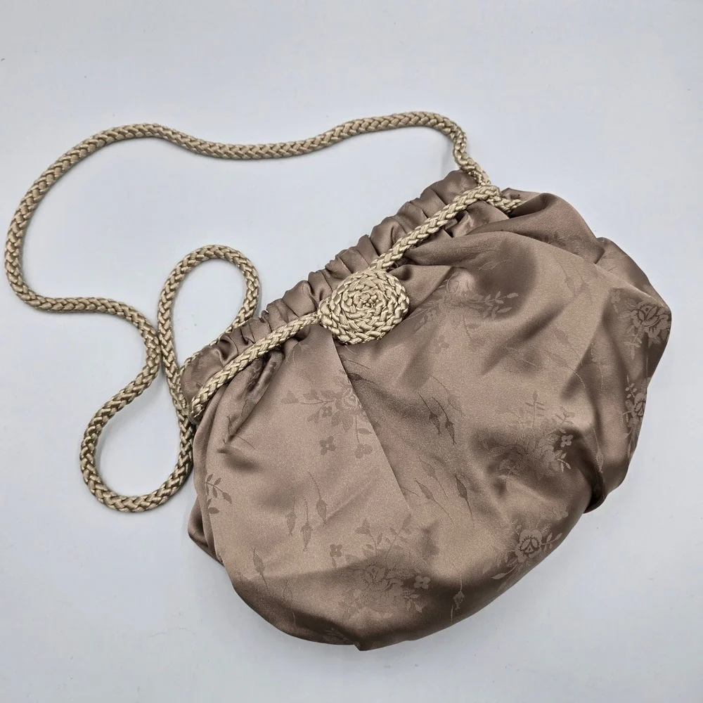 Vintage Bronze Floral Damask Evening Bag Braided Rope Pouch Rosette Taupe Formal
